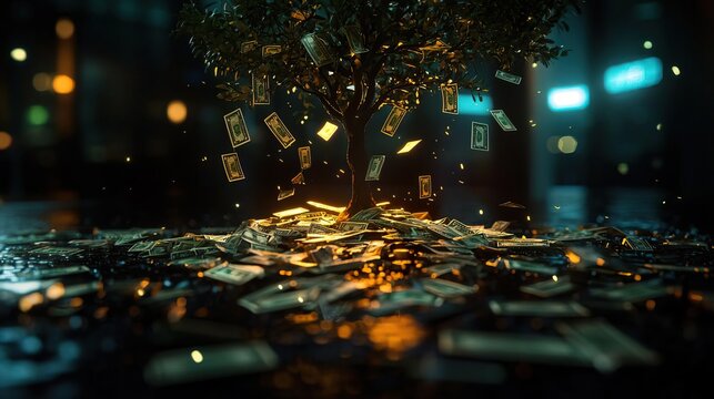 Concept of falling interest rates with a wilting money tree and descending dollar signs.