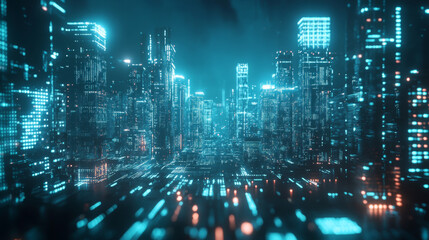 Fototapeta premium A captivating 3D render depicting a cyberpunk night cityscape. The scene is set in a dark, futuristic city with towering skyscrapers and sprawling urban infrastructure. The city is illuminated by vibr