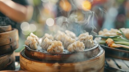 Selective focus Dumplings with blurred culinary background