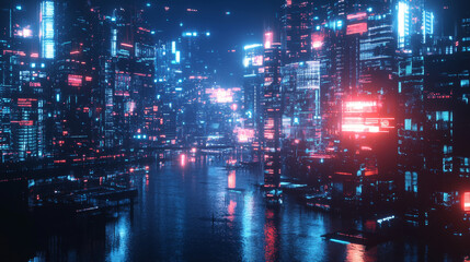 Fototapeta premium A captivating 3D render depicting a cyberpunk night cityscape. The scene is set in a dark, futuristic city with towering skyscrapers and sprawling urban infrastructure. The city is illuminated by vibr