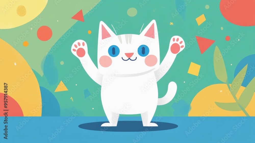 Canvas Prints Experience joy with this cheerful white cat, its bright gaze and sweet smile brought to life by colorful cartoons.