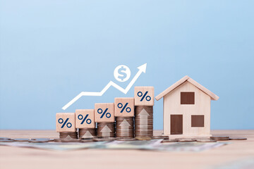 Real estate business, Interest Rate and home insurance concept. Chart growth rate and growing arrow...
