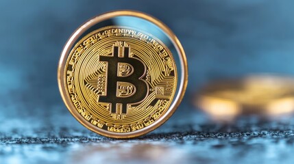 Authenticity Inspection - Gold Coin Under Magnifying Glass with Selective Focus Detailed Ultra HD Image for Copy Space Text.