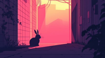 Step into a vibrant film noir realm where a witty rabbit uncovers mysteries in a shadowy alley through striking flat art.
