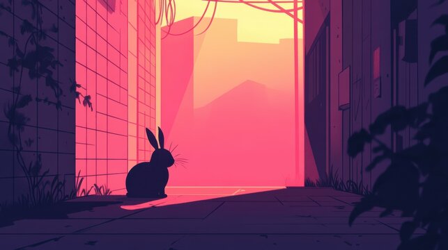 Step into a vibrant film noir realm where a witty rabbit uncovers mysteries in a shadowy alley through striking flat art.