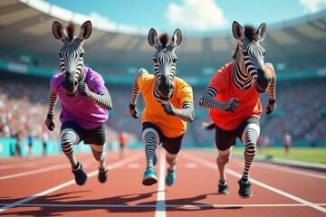 Naklejka premium Zebras are racing in a racetrack. Generative AI