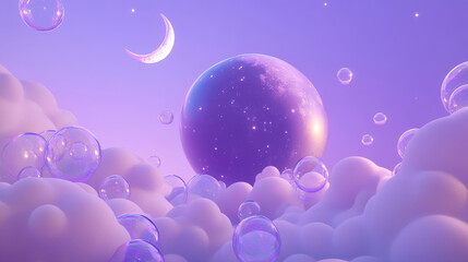 A mesmerizing 3D render set in a magical, abstract night scene. At the center, a planet floats gracefully, accompanied by a radiant star and a softly glowing moon. The celestial objects are suspended 