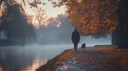 A person walking a dog along a foggy path in the early morning 