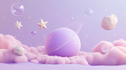Fototapeta premium A mesmerizing 3D render set in a magical, abstract night scene. At the center, a planet floats gracefully, accompanied by a radiant star and a softly glowing moon. The celestial objects are suspended 