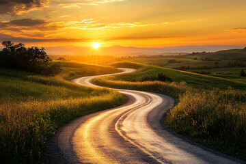 A winding road bathed in the light of a bright sunrise, Symbolizing the start of a new path