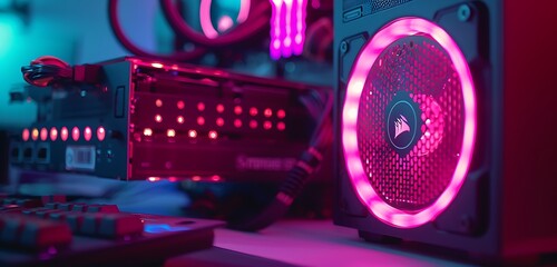 Close-up of RGB power supply with pink lights, sleek gaming setup