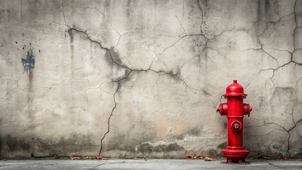 Cracked concrete wall with red fire hydrants on each side