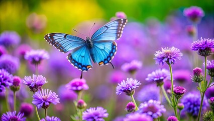 Blue butterfly flying over purple and green flower field with cluster of purple blooms in foreground