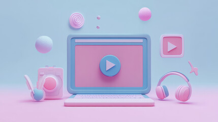 A 3D render showcasing a computer window browser actively playing a video or music streaming online. The browser window is prominently displayed on a sleek, modern desktop interface. The video or musi