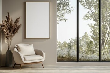 Poster Frame in Beige minimalist living room interior created with generative AI
