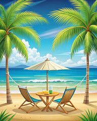 Beach vector view illustration of holiday destination in flat style design