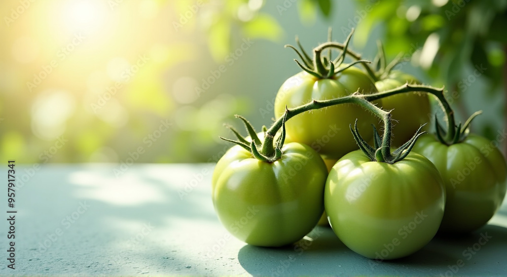 Poster green tomatoes on a wooden table