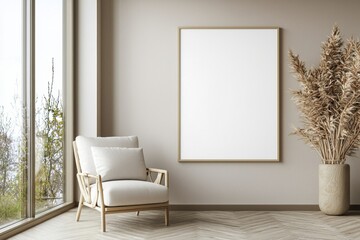 Poster Frame in Beige minimalist living room interior created with generative AI