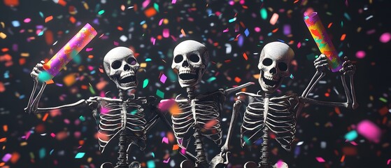 Three playful skeletons celebrate with colorful confetti and glowing sticks, creating a festive and spooky atmosphere.