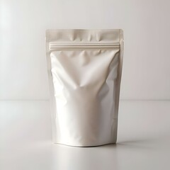 A clean and professional white stand up pouch with a zipper seal.