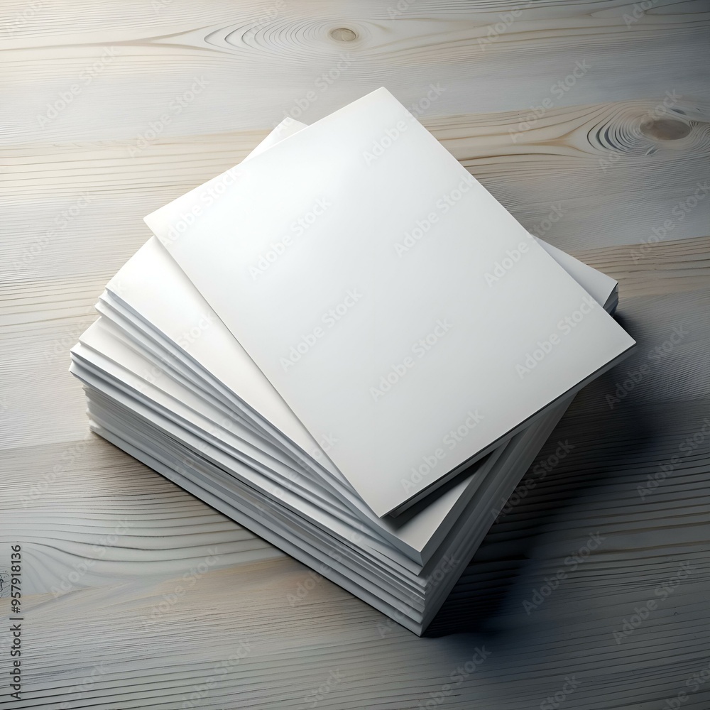 Canvas Prints Clean and minimal. this image showcases a stack of white brochures on a light wood background.