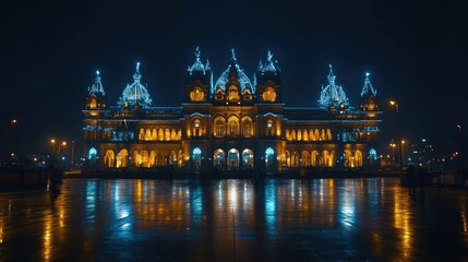 Chhatrapati Shivaji Maharaj Terminus (CST) illuminated at night, showcasing its Gothic architecture.