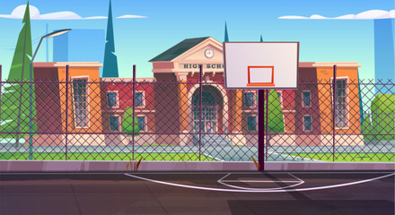 Basketball court on street outside school cartoon background. Basket ball playground area in cite near university building. Sport stadium for outdoor game illustration. Education environment scene © klyaksun
