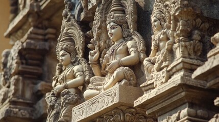 Close-up of a detailed stone carving depicting deities on the exterior of an Indian temple.