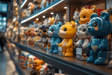 Naklejka premium Close-up of colorful bear-shaped figurines arranged neatly on a store shelf, highlighting a variety of playful designs in a retail setting.