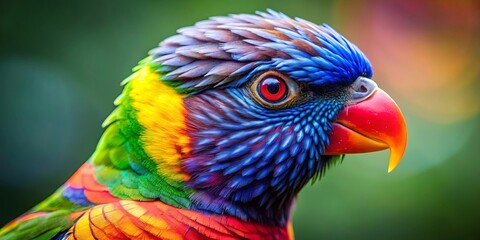 Obraz premium Close-up of a colorful bird's face with vibrant feathers in the background