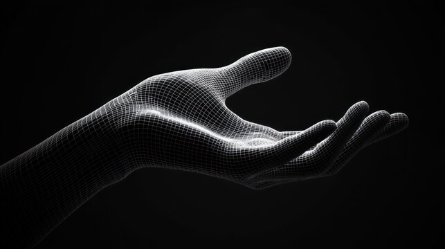 A wireframe of a human hand with an open palm facing up, isolated on a black background.