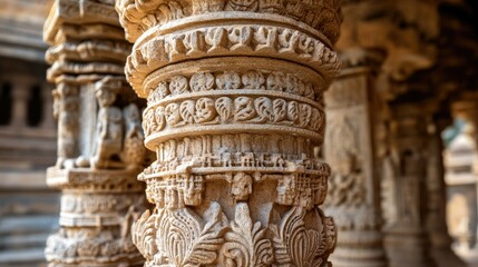 Obraz premium Intricately carved stone pillars of an ancient Indian temple, with detailed patterns and motifs.