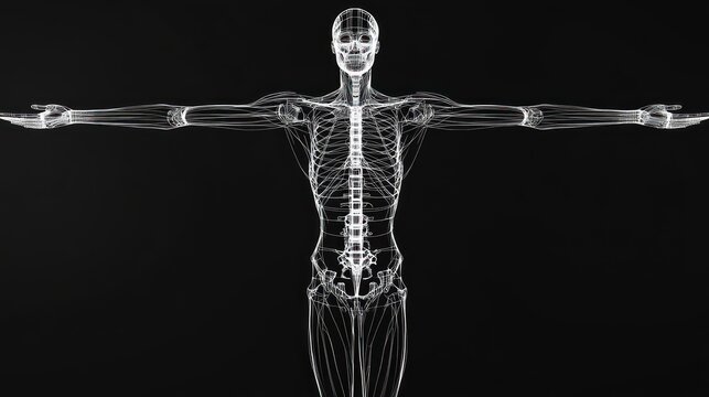 A wireframe representation of a human skeleton with arms outstretched against a black background.
