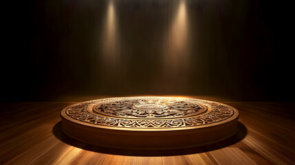 podium with a carved, intricate wooden design, placed on a polished wood floor under soft lighting