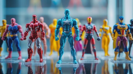 A collection of colorful superhero action figures displayed in a row, showcasing various iconic characters in dynamic poses.