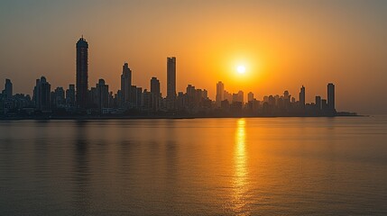 Fototapeta premium Sunrise over the Mumbai skyline, with the sun casting a golden glow on the buildings and sea.