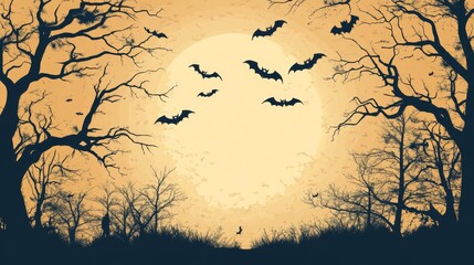 Halloween Night Background with Bats  Trees  and Full Moon