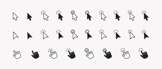 Set of cursor icons click and hand cursor icons click isolated on background. Pointer cursor сomputer mouse icon collection. Clicking cursor, pointing hand clicks icons. Vector illustration