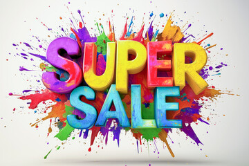 Vivid paint splashes around 3D 'Super Sale' text