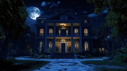 Fototapeta premium Mansion with ghostly presence in moonlight, flat design, front view, phantom shadows theme, 3D render, vivid colors