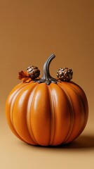Warm-colored ceramic pumpkin, with acorn decorations, cute minimal Thanksgiving decor, 3D Blender style, isolated background