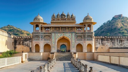 Obraz premium The grand entrance of the Amber Fort, with its ornate arches and detailed frescoes.