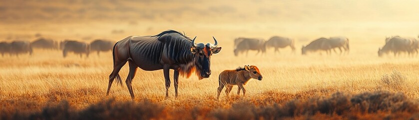A mother wildebeest gently nudging her calf to keep moving during the migration, with the herd in the background, soft focus, warm tones, natural light, emotional connection