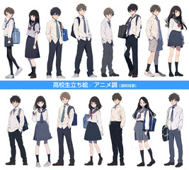 学生、中学生や高校生の制服姿。切り抜きキャラクター、人物の立ち絵。アニメ風　Generative AI