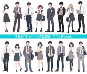 学生、フレッシャーズの切り抜きキャラクター、人物の立ち絵。アニメ風　Generative AI