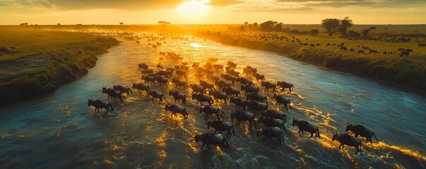 Aerial view of a wildebeest river crossing, capturing the vastness of the herd and the landscape, wideangle shot, bright colors, natural light, expansive scene