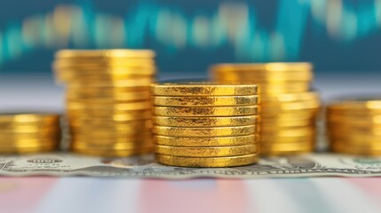 Glowing Global Financial Hub: Gold Bullion, World Currencies, Selective Focus.