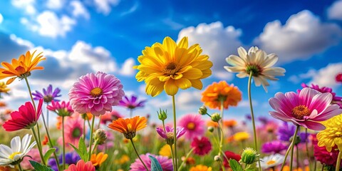 Close-up shot of colorful blooms against a blurred sky backdrop