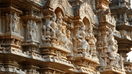 Fototapeta premium The intricate stone carvings on the gopuram (tower) of a South Indian temple.