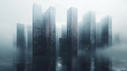 Fototapeta premium Synthetic memory metal skyline, buildings shapeshifting for optimal function.